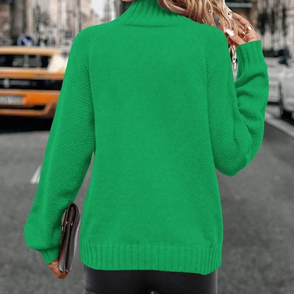 Green Casual Women's Turtleneck Pullover Sweater with Raglan Sleeve